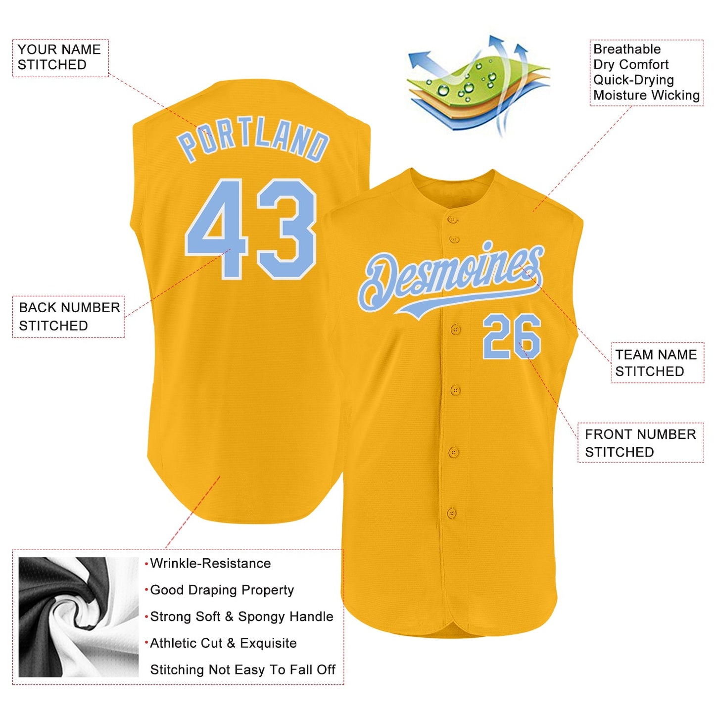 Custom Gold Light Blue-White Authentic Sleeveless Baseball Jersey view 2
