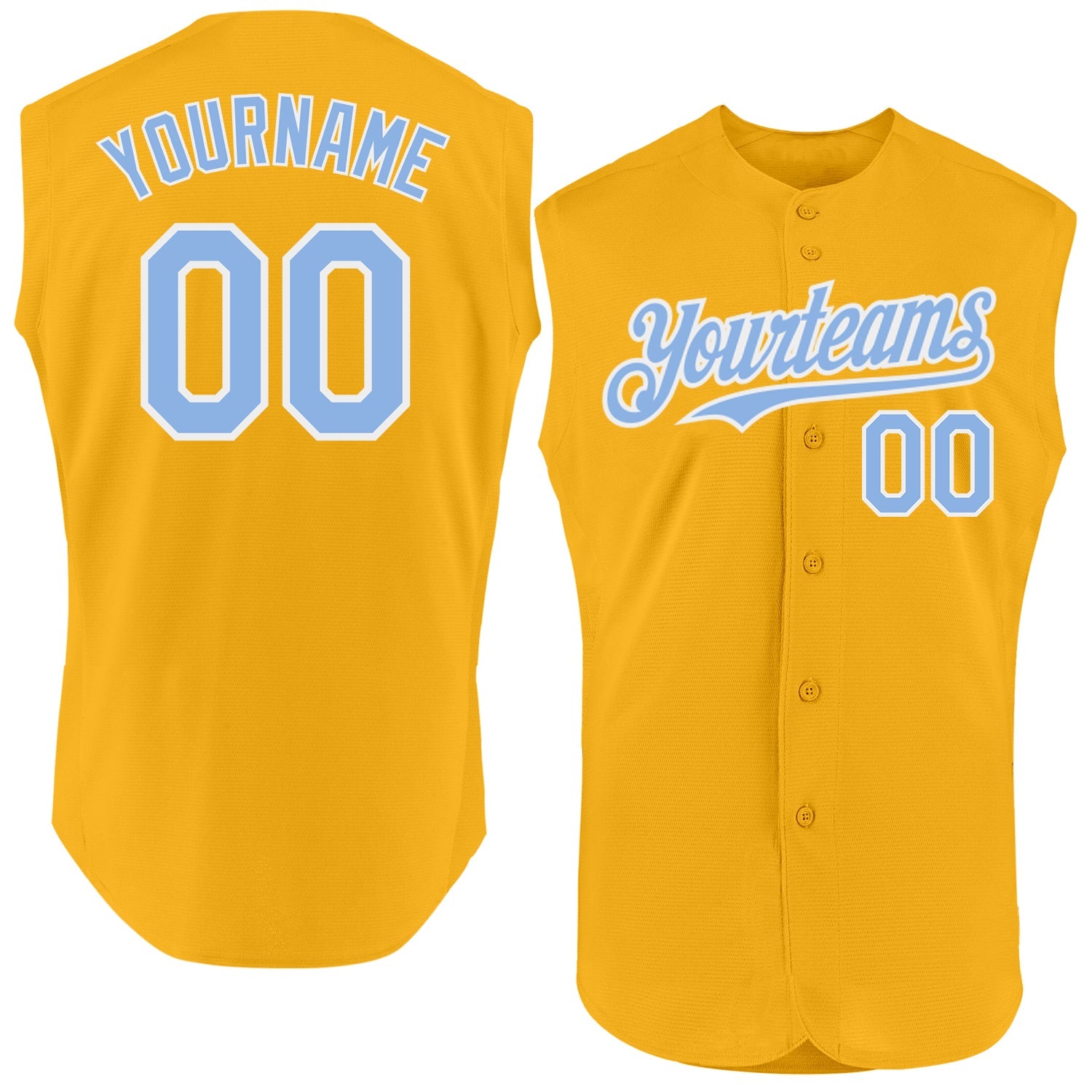 Custom Gold Light Blue-White Authentic Sleeveless Baseball Jersey - Main View
