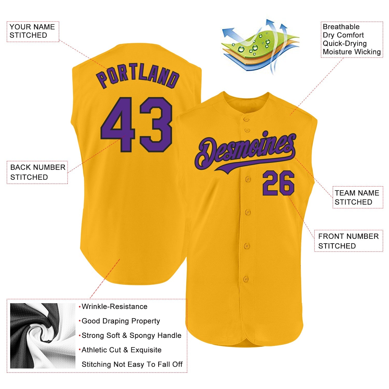 Custom Gold Purple-Black Authentic Sleeveless Baseball Jersey view 2