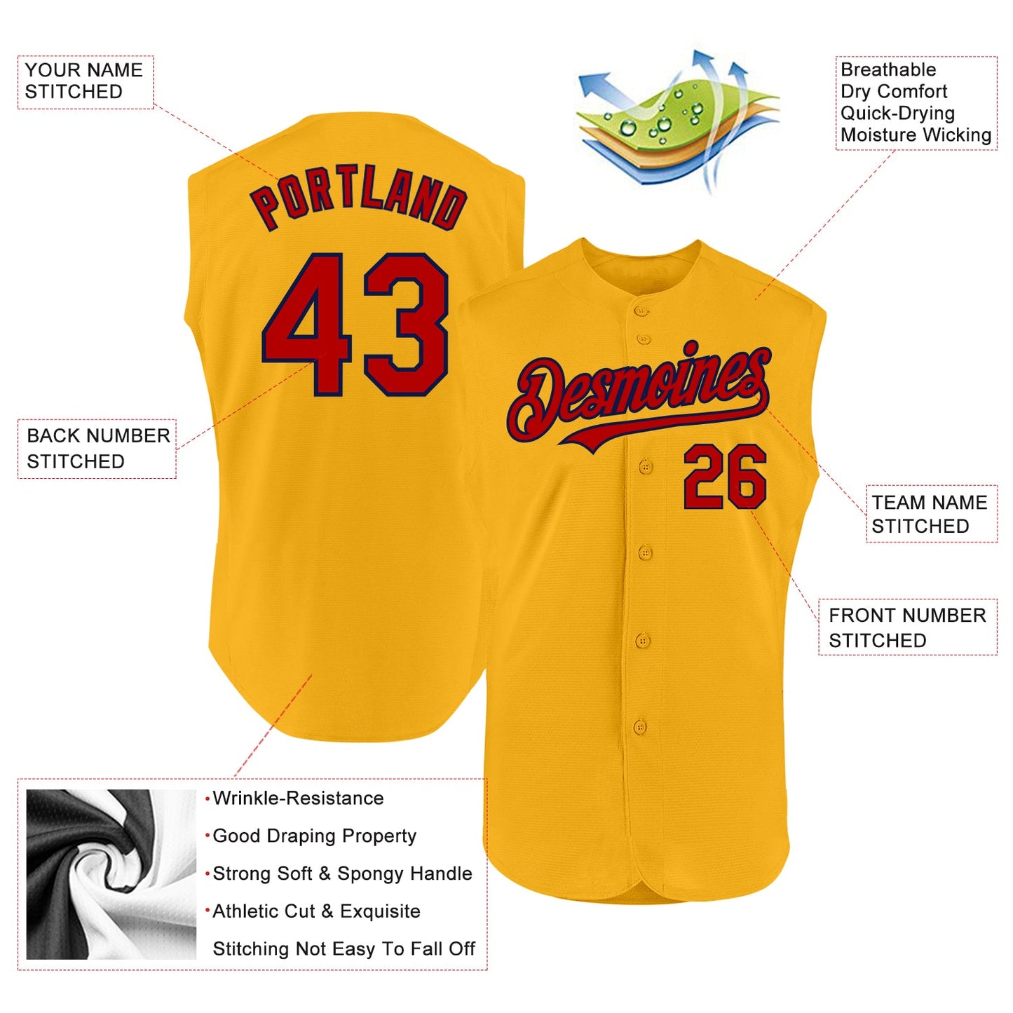 Custom Gold Red-Navy Authentic Sleeveless Baseball Jersey view 2