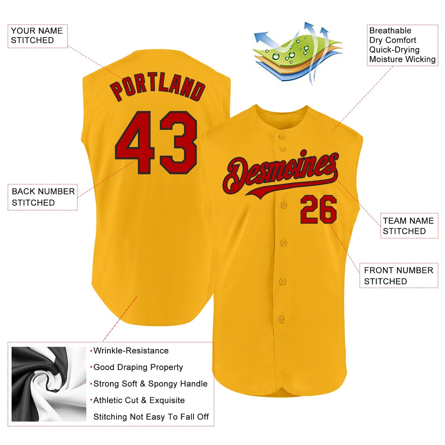 Custom Gold Red-Black Authentic Sleeveless Baseball Jersey view 2