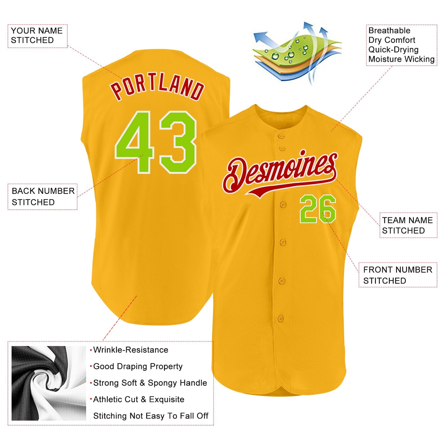Custom Gold Neon Green-Red Authentic Sleeveless Baseball Jersey view 2