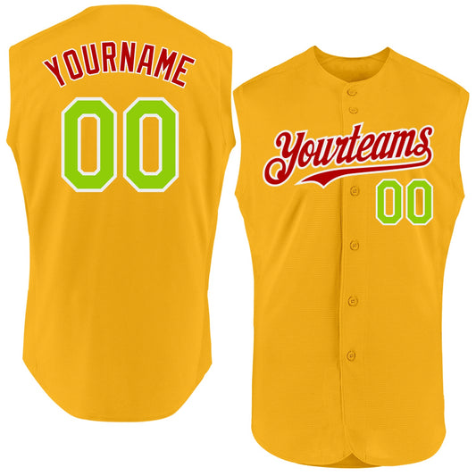 Custom Gold Neon Green-Red Authentic Sleeveless Baseball Jersey - Main View