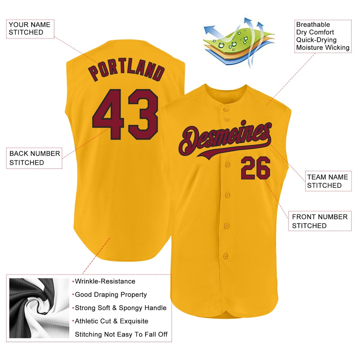Custom Gold Crimson-Black Authentic Sleeveless Baseball Jersey view 2