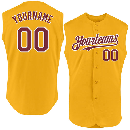 Custom Gold Burgundy-White Authentic Sleeveless Baseball Jersey - Main View