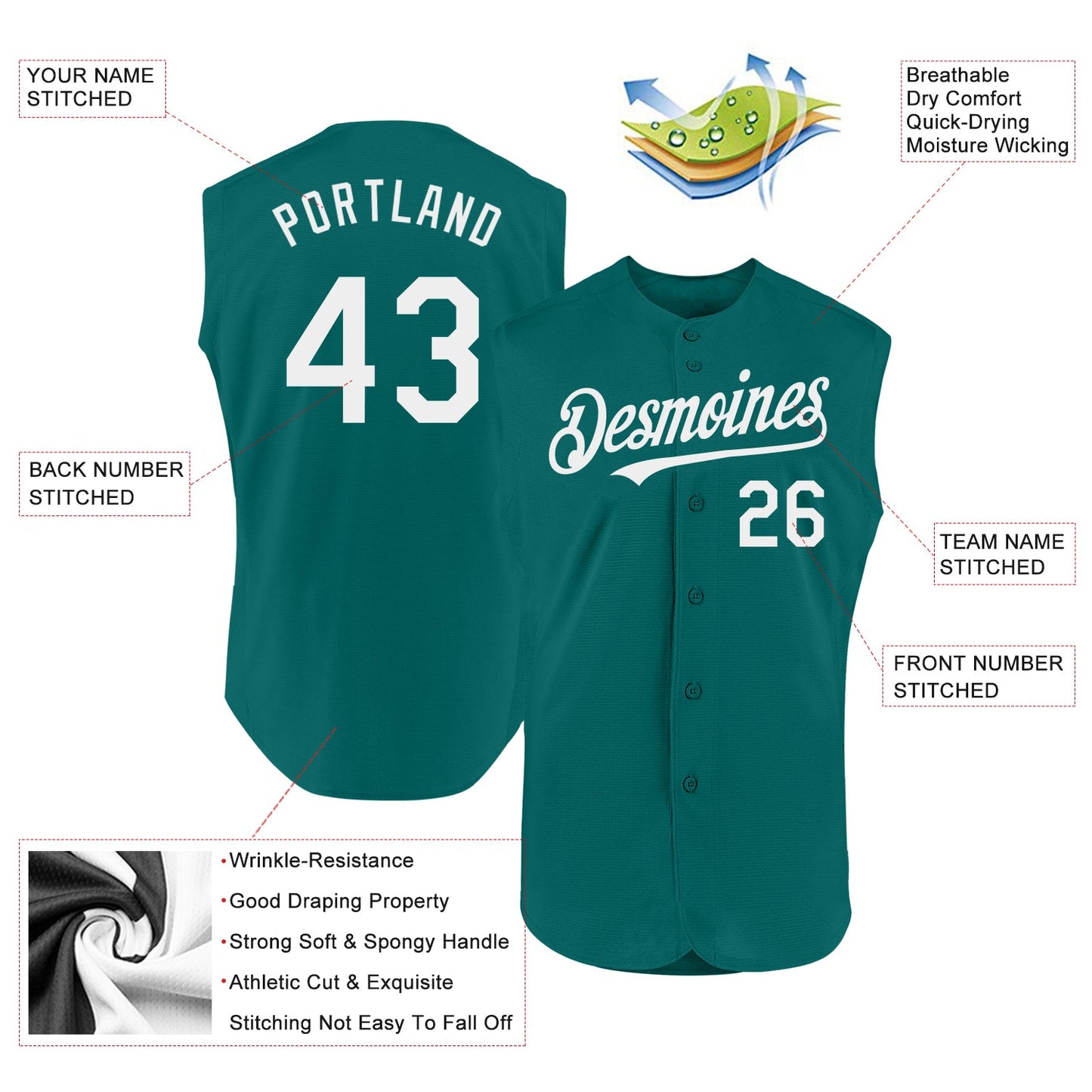 Custom Teal White Authentic Sleeveless Baseball Jersey view 2