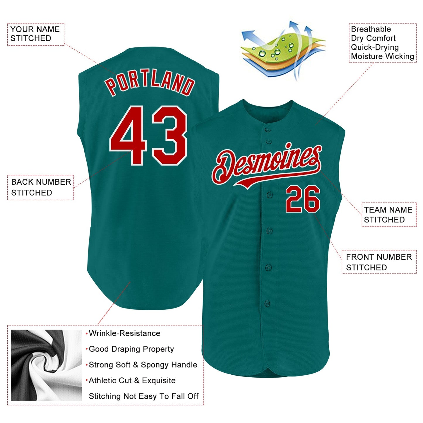 Custom Teal Red-White Authentic Sleeveless Baseball Jersey view 2