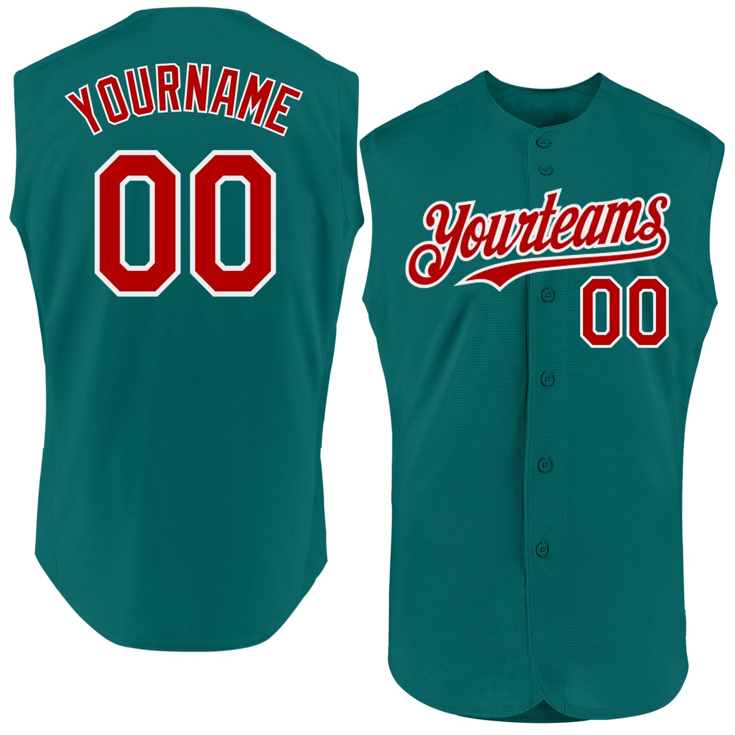 Custom Teal Red-White Authentic Sleeveless Baseball Jersey - Main View