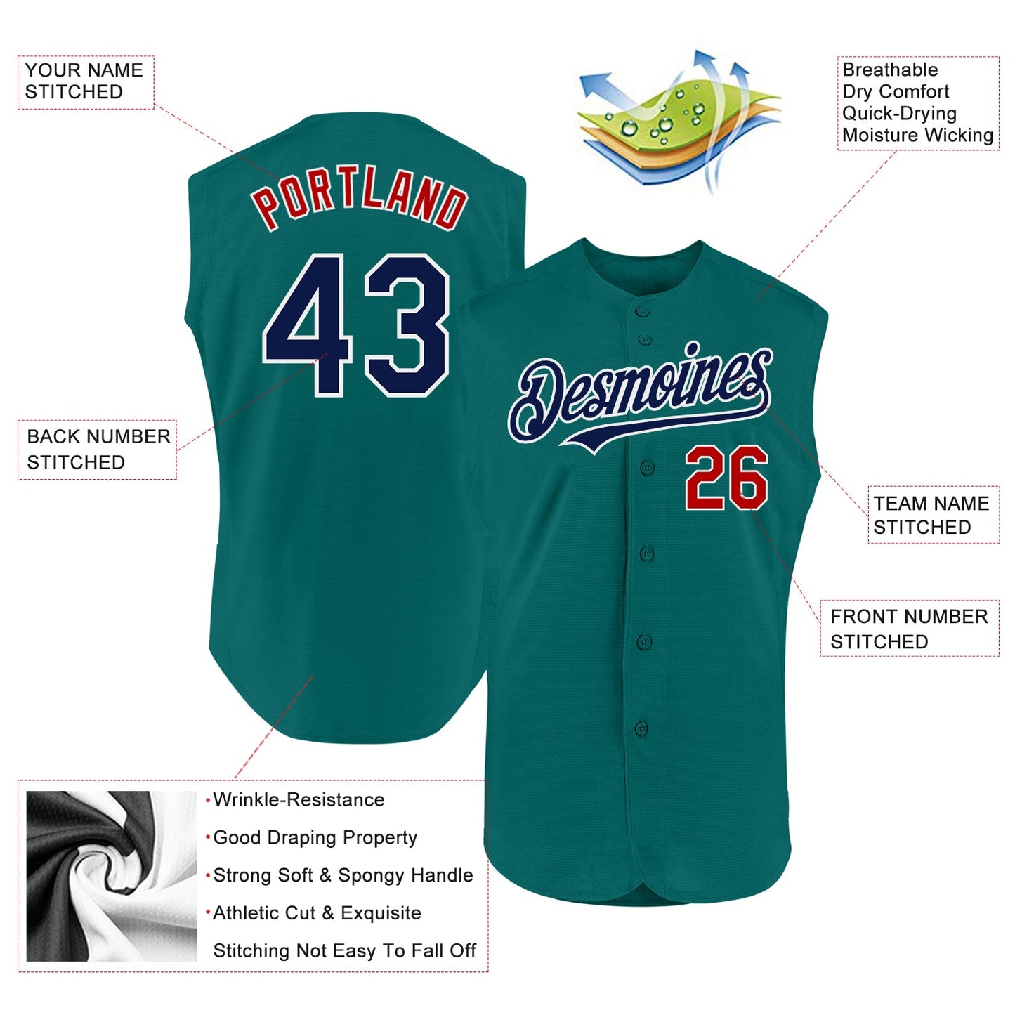 Custom Teal Navy-Red Authentic Sleeveless Baseball Jersey view 2