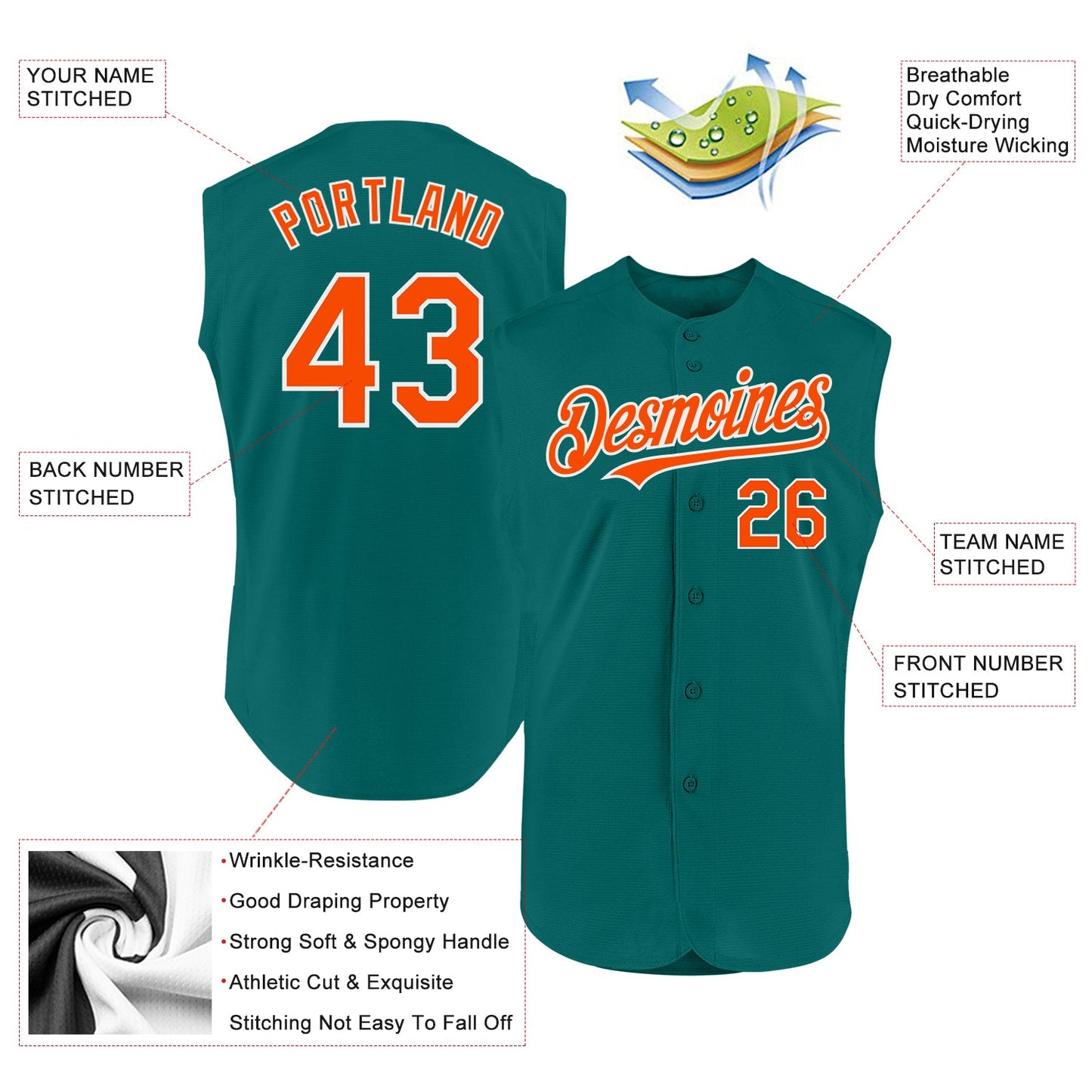 Custom Teal Orange-White Authentic Sleeveless Baseball Jersey view 2