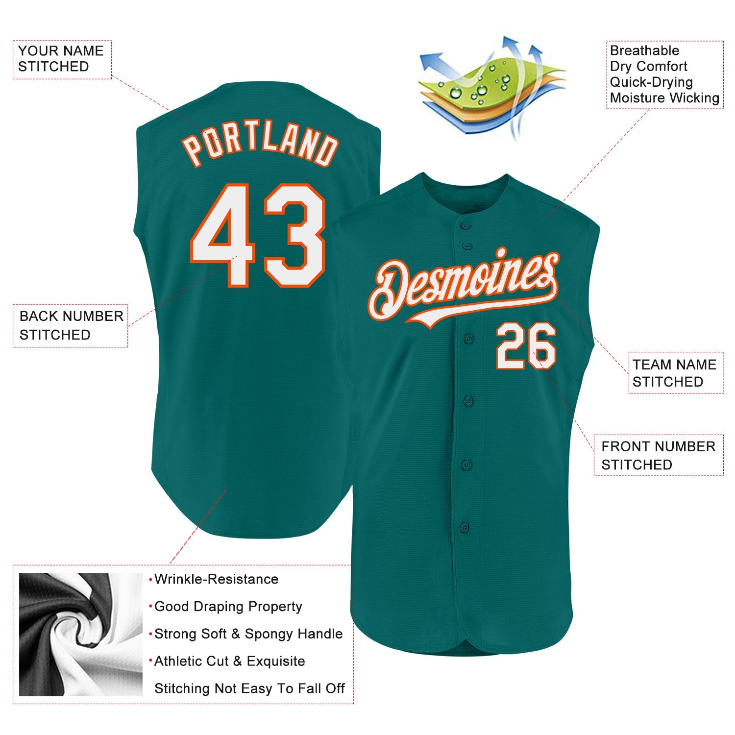 Custom Teal White-Orange Authentic Sleeveless Baseball Jersey view 2