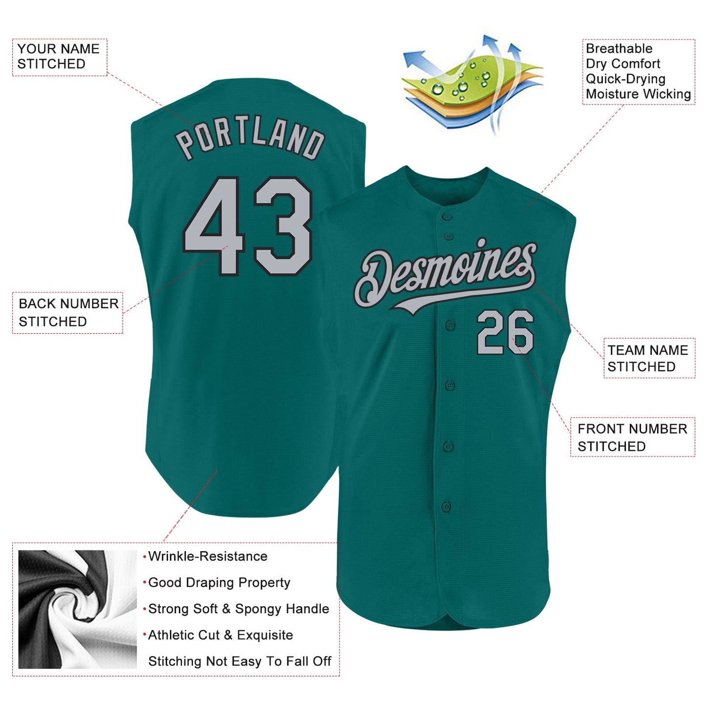 Custom Teal Gray-Black Authentic Sleeveless Baseball Jersey view 2