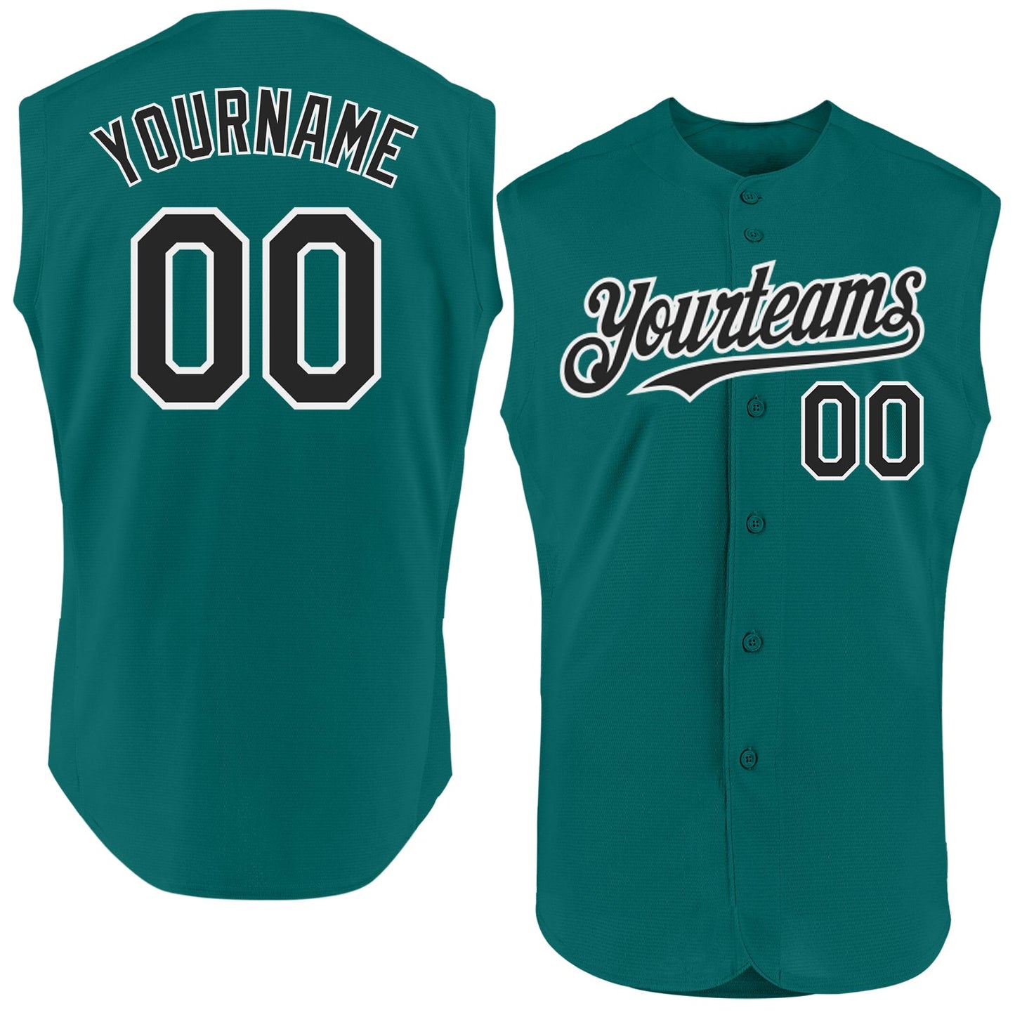 Custom Teal Black-White Authentic Sleeveless Baseball Jersey - Main View