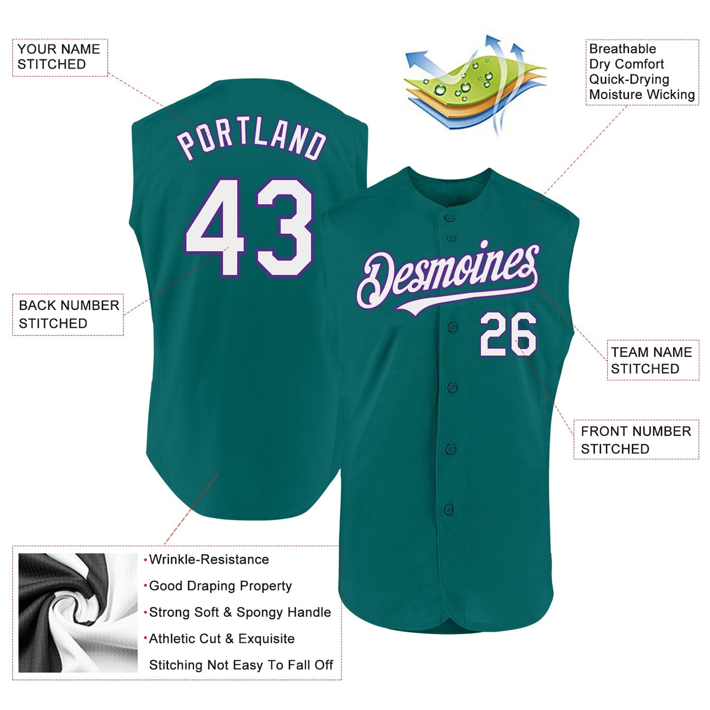 Custom Teal White-Purple Authentic Sleeveless Baseball Jersey view 2