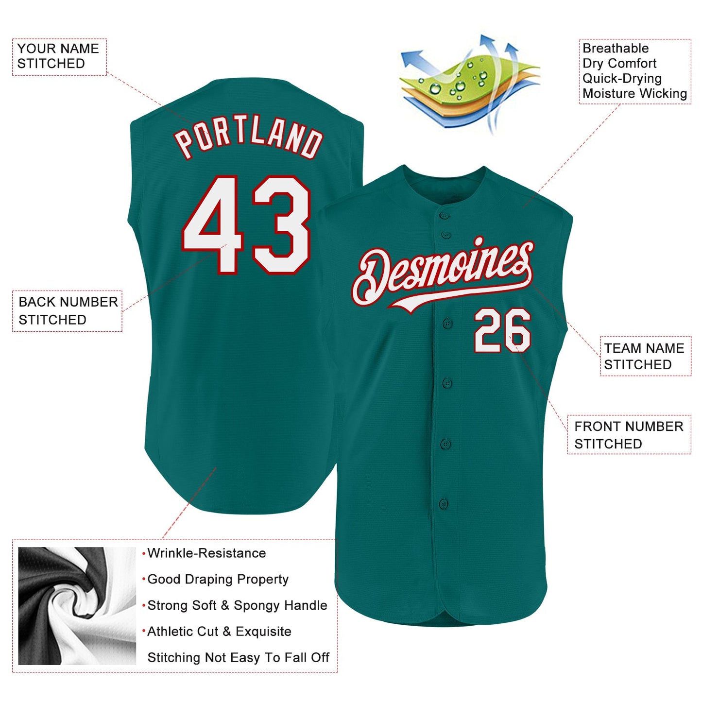 Custom Teal White-Red Authentic Sleeveless Baseball Jersey view 2