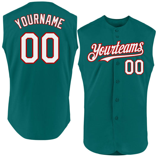 Custom Teal White-Red Authentic Sleeveless Baseball Jersey - Main View