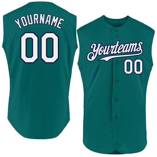 Custom Teal White-Navy Authentic Sleeveless Baseball Jersey - Main View