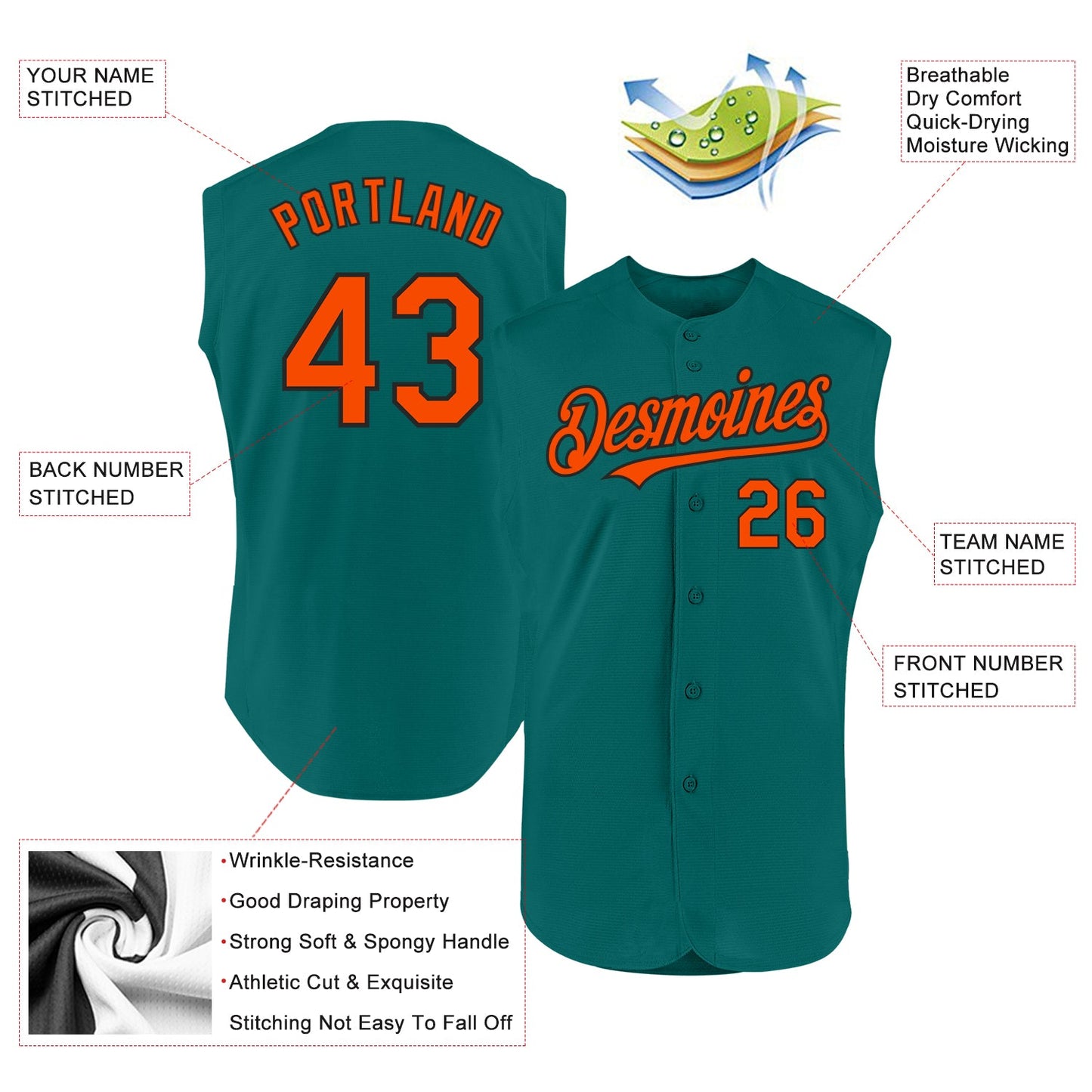 Custom Teal Orange-Black Authentic Sleeveless Baseball Jersey view 2