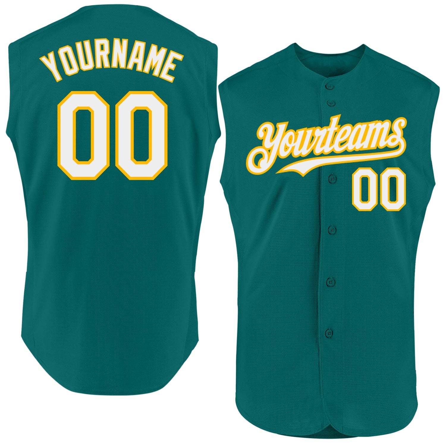 Custom Teal White-Gold Authentic Sleeveless Baseball Jersey - Main View