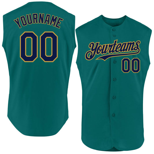Custom Teal Navy-Old Gold Authentic Sleeveless Baseball Jersey - Main View