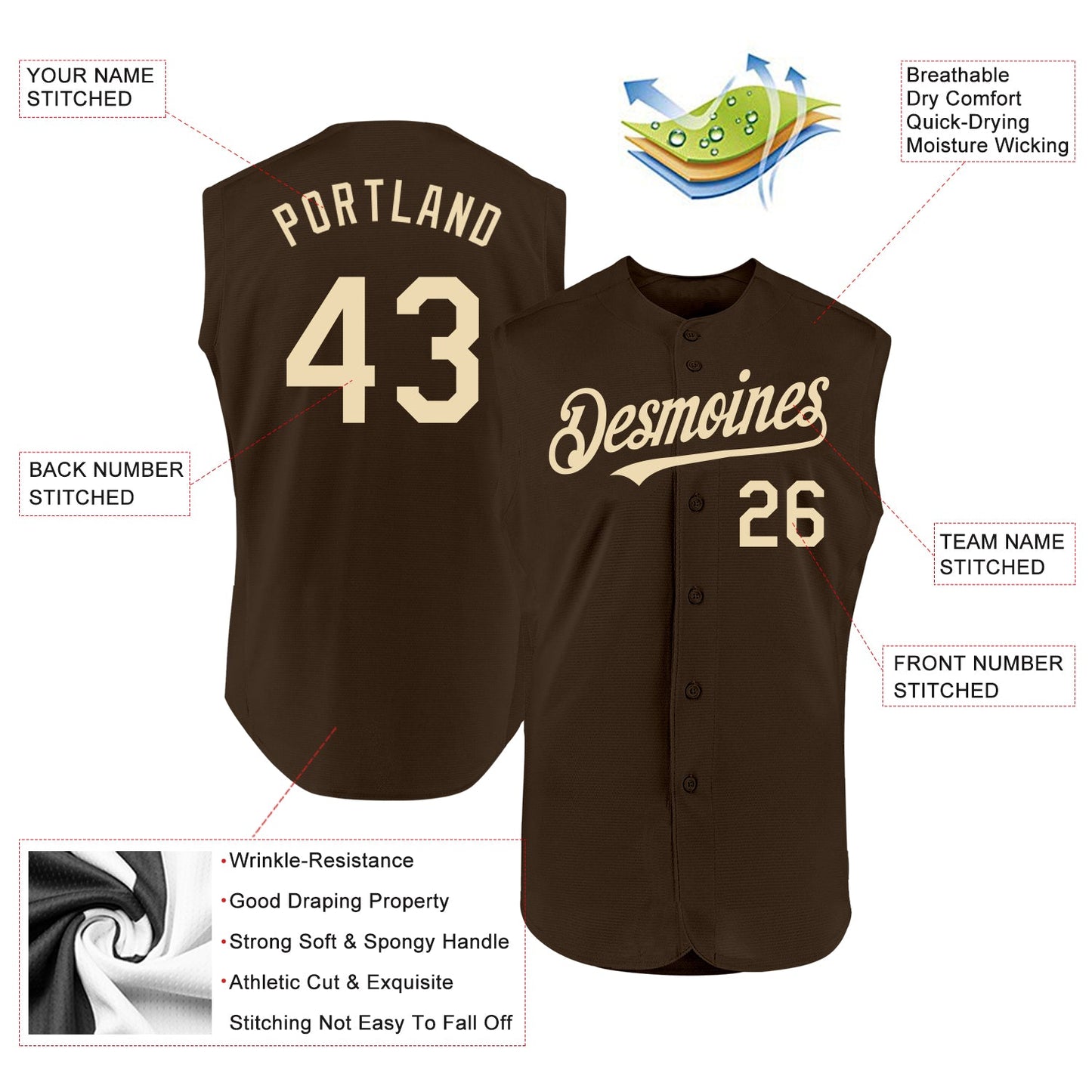 Custom Brown Cream Authentic Sleeveless Baseball Jersey view 2