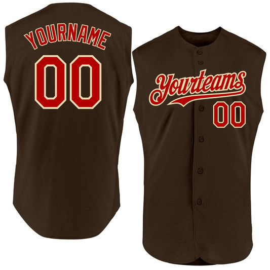 Custom Brown Red-Cream Authentic Sleeveless Baseball Jersey - Main View