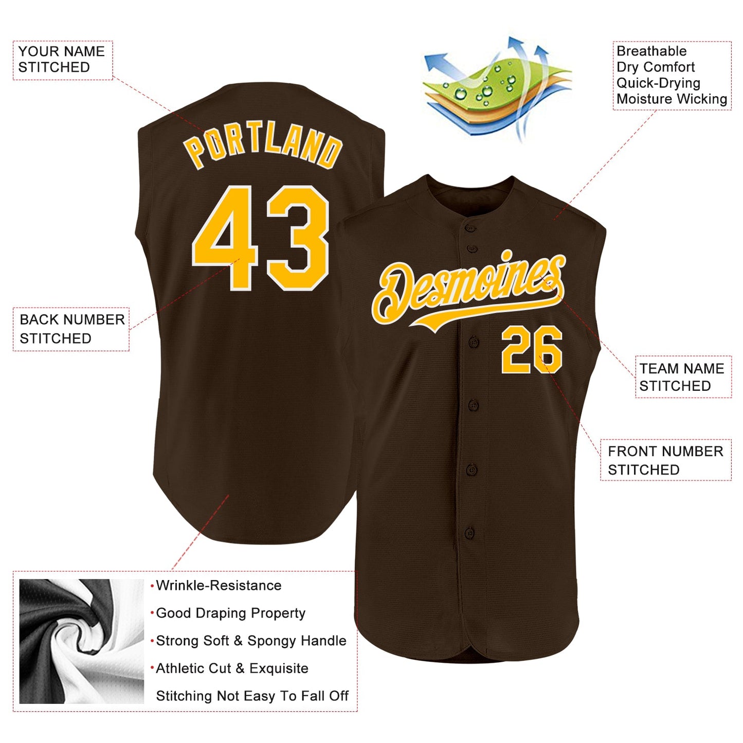Custom Brown Gold-White Authentic Sleeveless Baseball Jersey view 2
