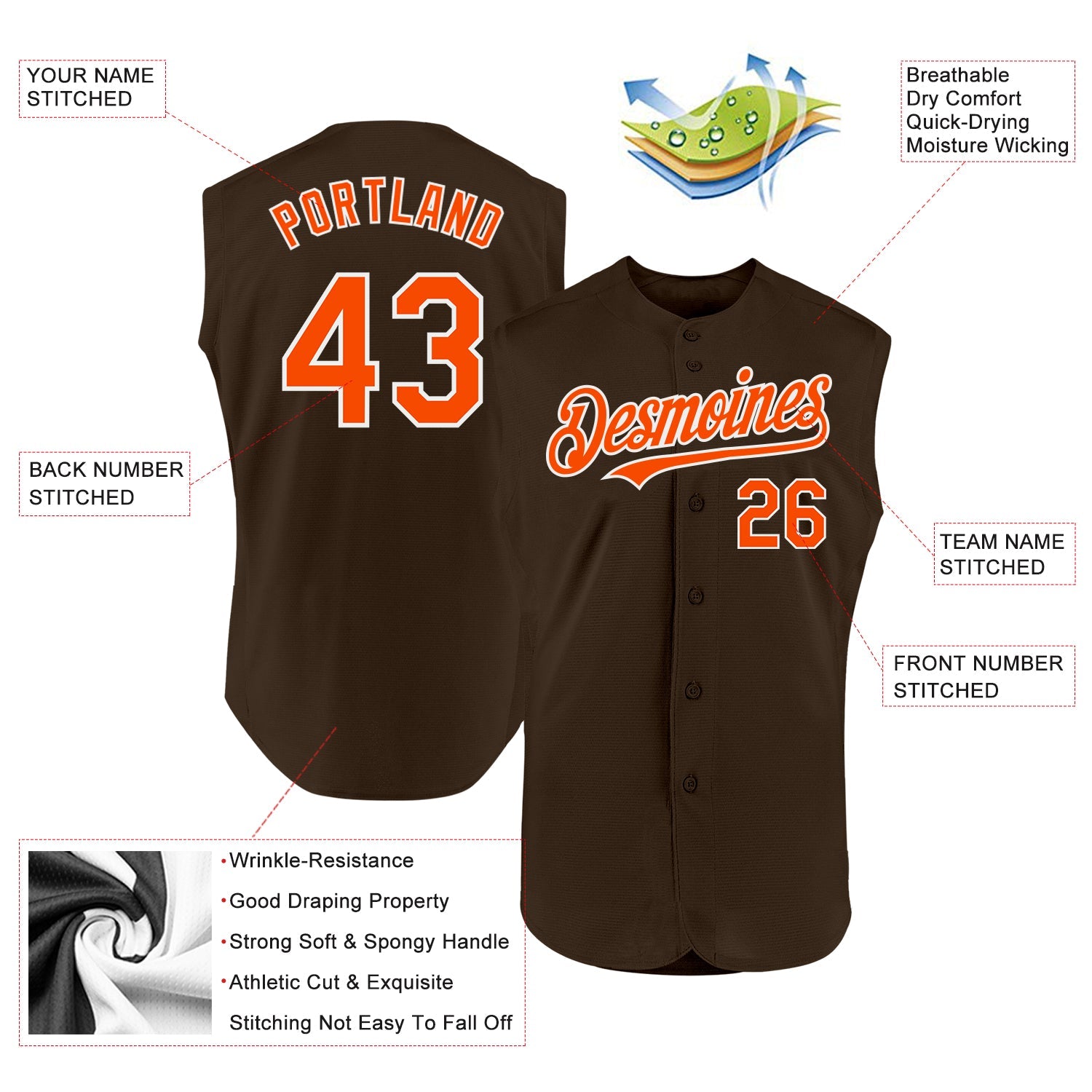 Custom Brown Orange-White Authentic Sleeveless Baseball Jersey view 2