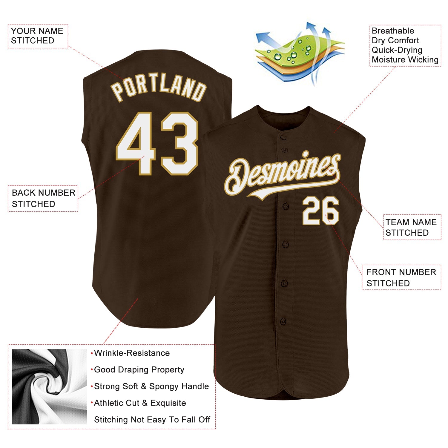 Custom Brown White-Old Gold Authentic Sleeveless Baseball Jersey view 2