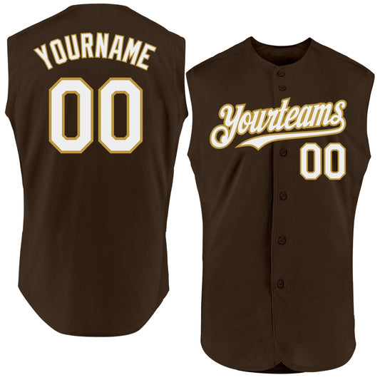 Custom Brown White-Old Gold Authentic Sleeveless Baseball Jersey - Main View