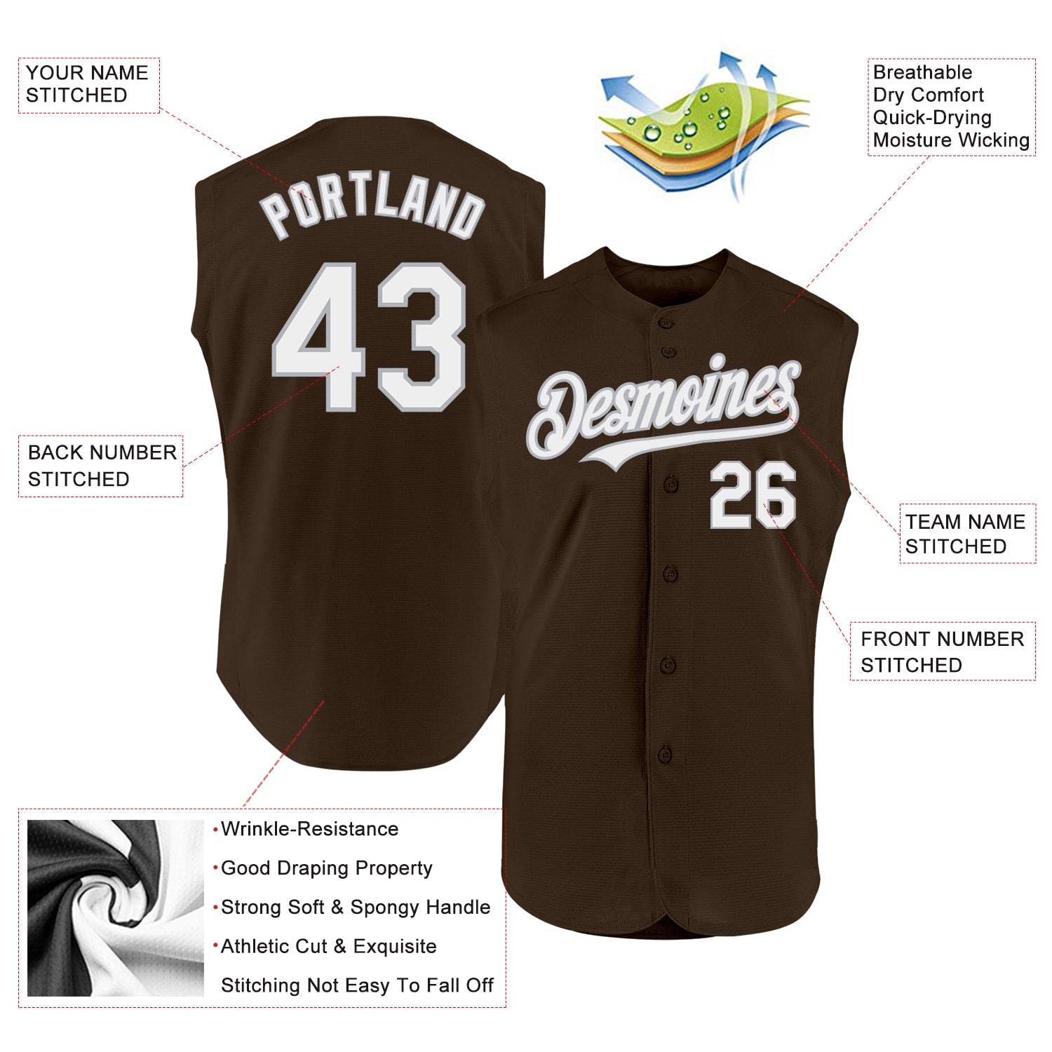 Custom Brown White-Gray Authentic Sleeveless Baseball Jersey view 2