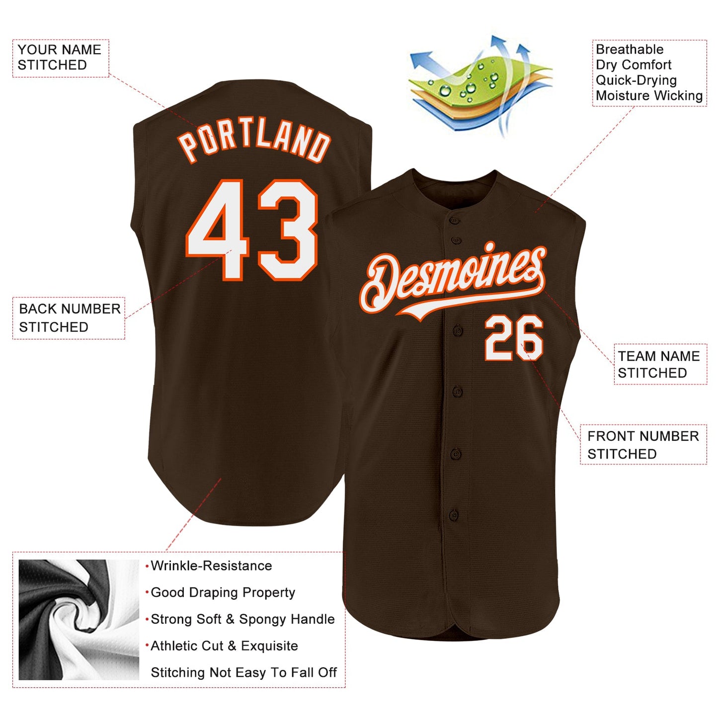 Custom Brown White-Orange Authentic Sleeveless Baseball Jersey view 2