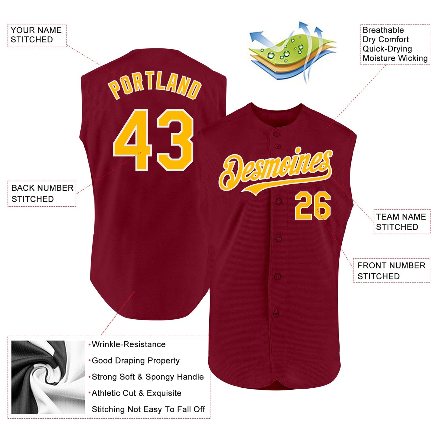 Custom Crimson Gold-White Authentic Sleeveless Baseball Jersey view 2