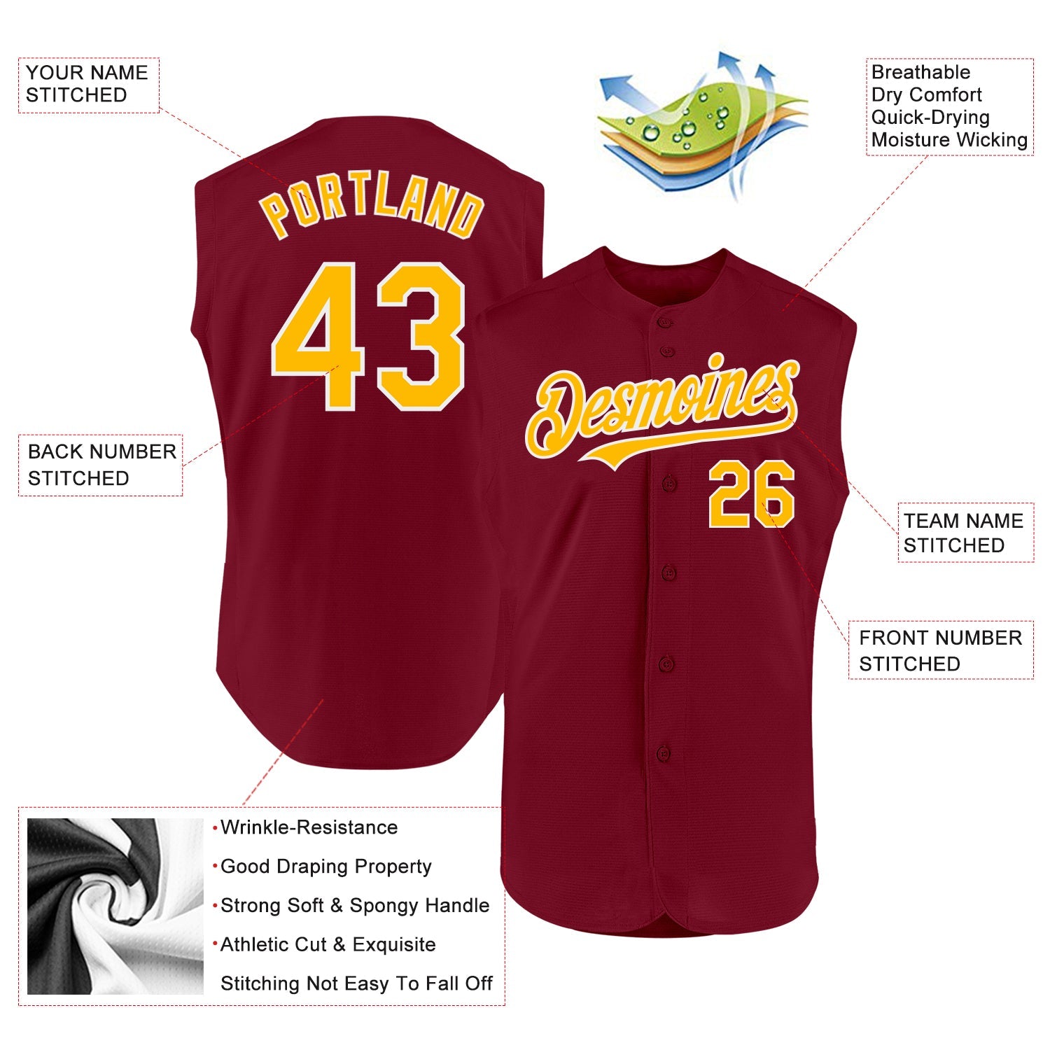 Custom Crimson Gold-White Authentic Sleeveless Baseball Jersey view 2