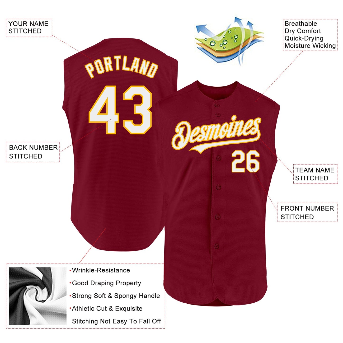Custom Crimson White-Gold Authentic Sleeveless Baseball Jersey view 2