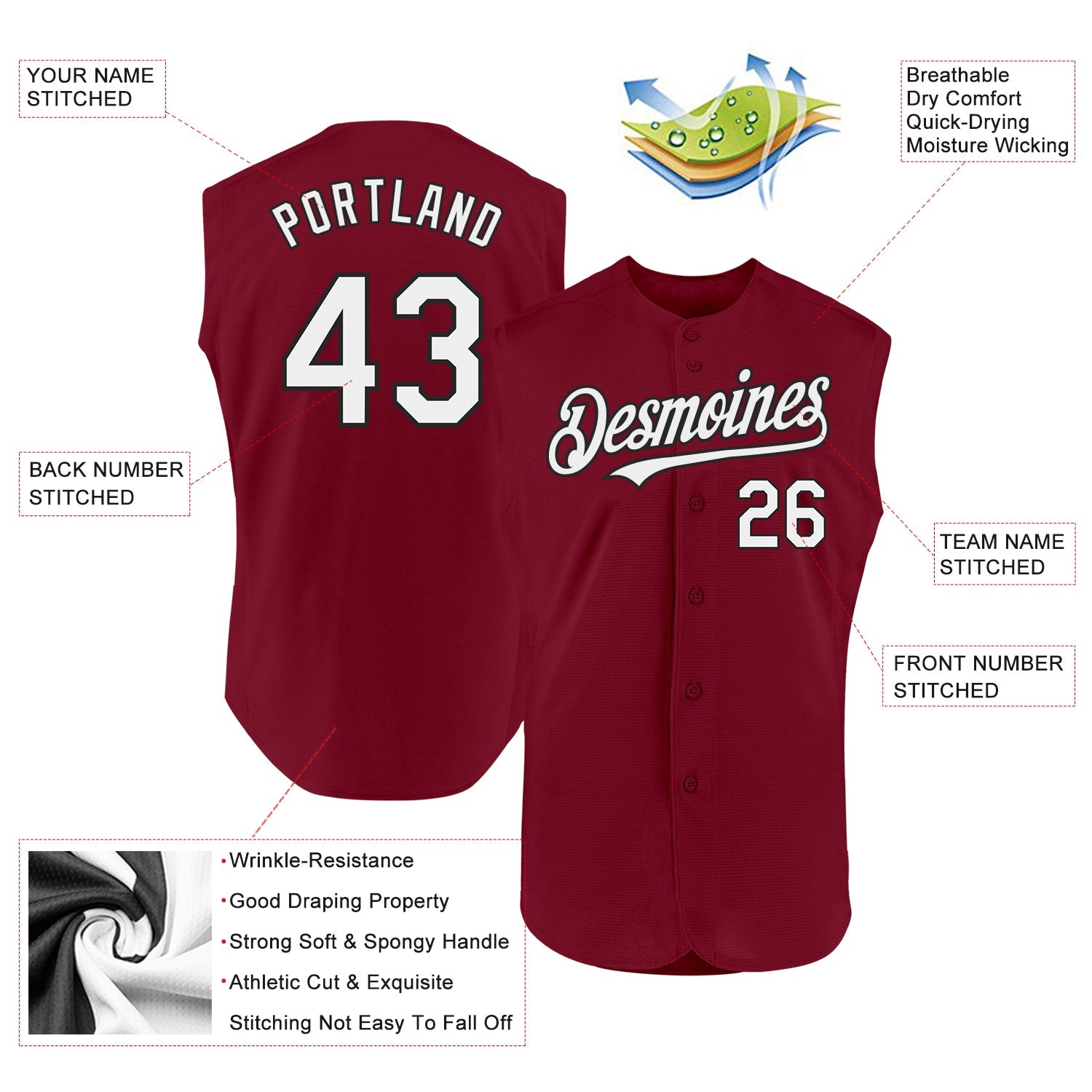 Custom Crimson White-Black Authentic Sleeveless Baseball Jersey view 2