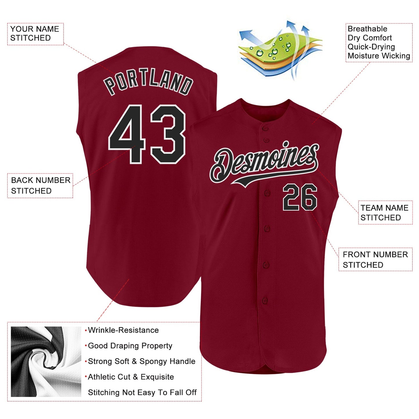 Custom Crimson Black-White Authentic Sleeveless Baseball Jersey view 2