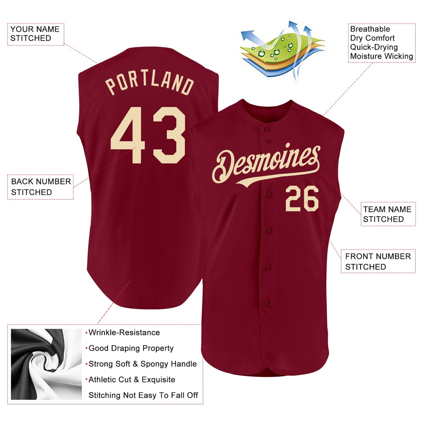 Custom Crimson Cream Authentic Sleeveless Baseball Jersey view 2