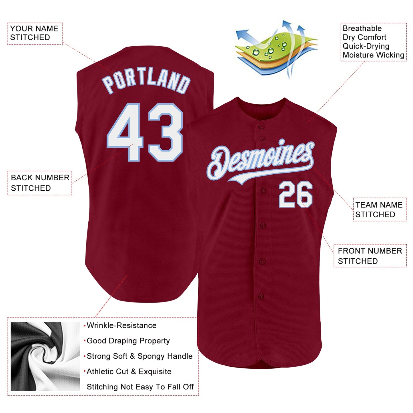 Custom Crimson White-Light Blue Authentic Sleeveless Baseball Jersey view 2