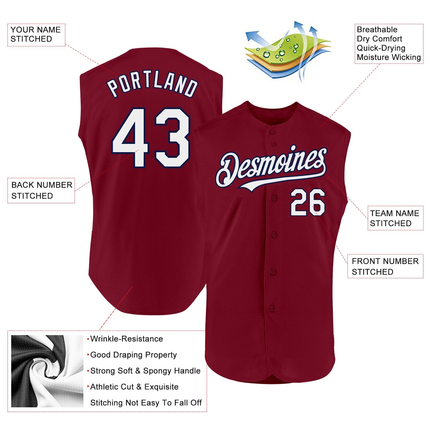 Custom Crimson White-Navy Authentic Sleeveless Baseball Jersey view 2