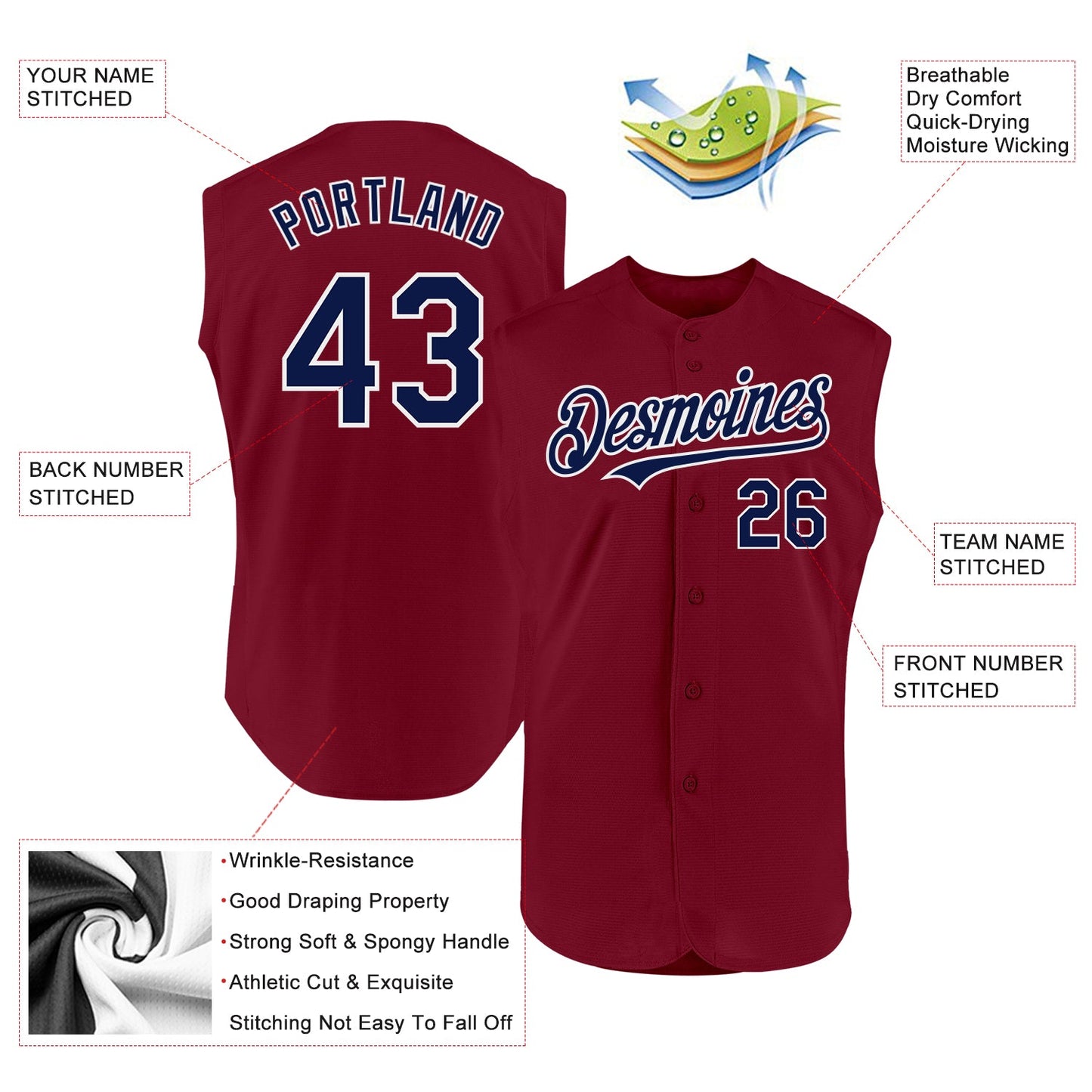 Custom Crimson Navy-White Authentic Sleeveless Baseball Jersey view 2