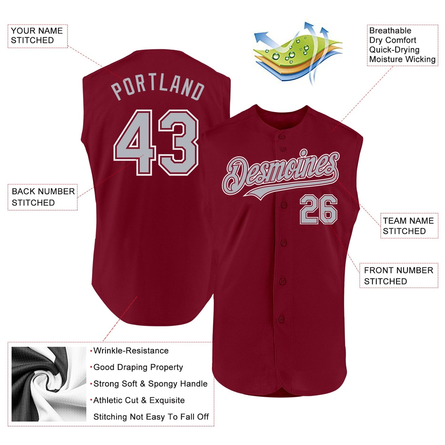 Custom Crimson Gray-White Authentic Sleeveless Baseball Jersey view 2