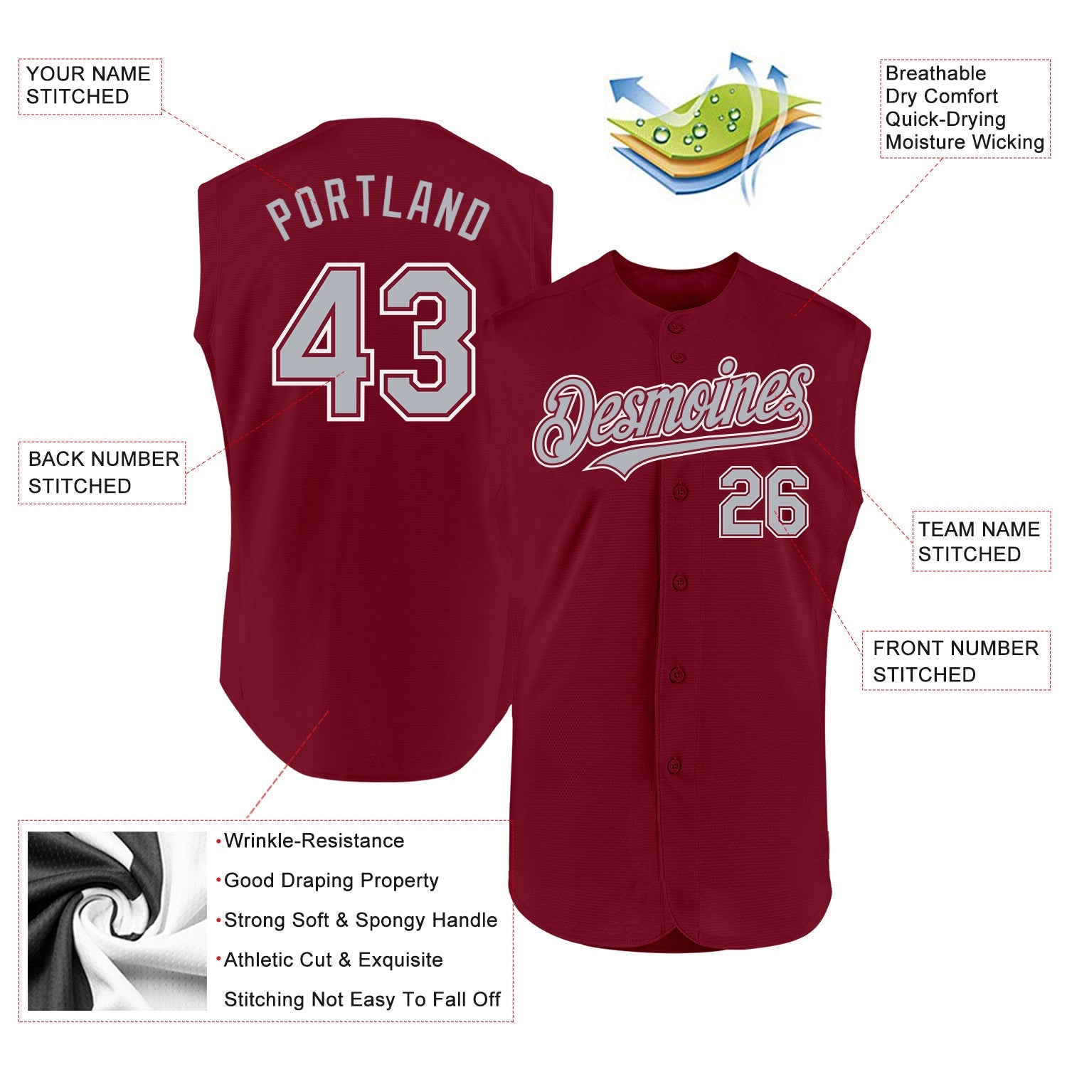 Custom Crimson Gray-White Authentic Sleeveless Baseball Jersey view 2