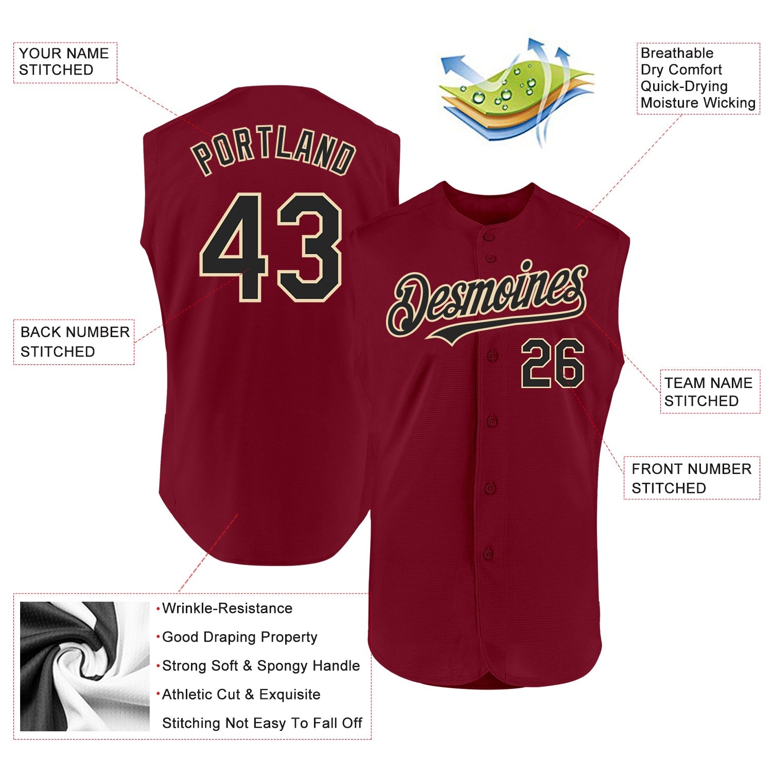 Custom Crimson Black-Cream Authentic Sleeveless Baseball Jersey view 2