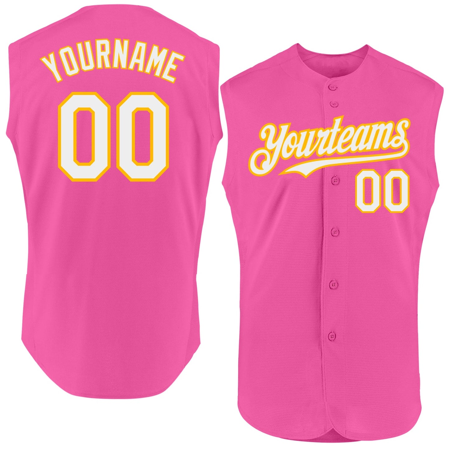 Custom Pink White-Gold Authentic Sleeveless Baseball Jersey - Main View