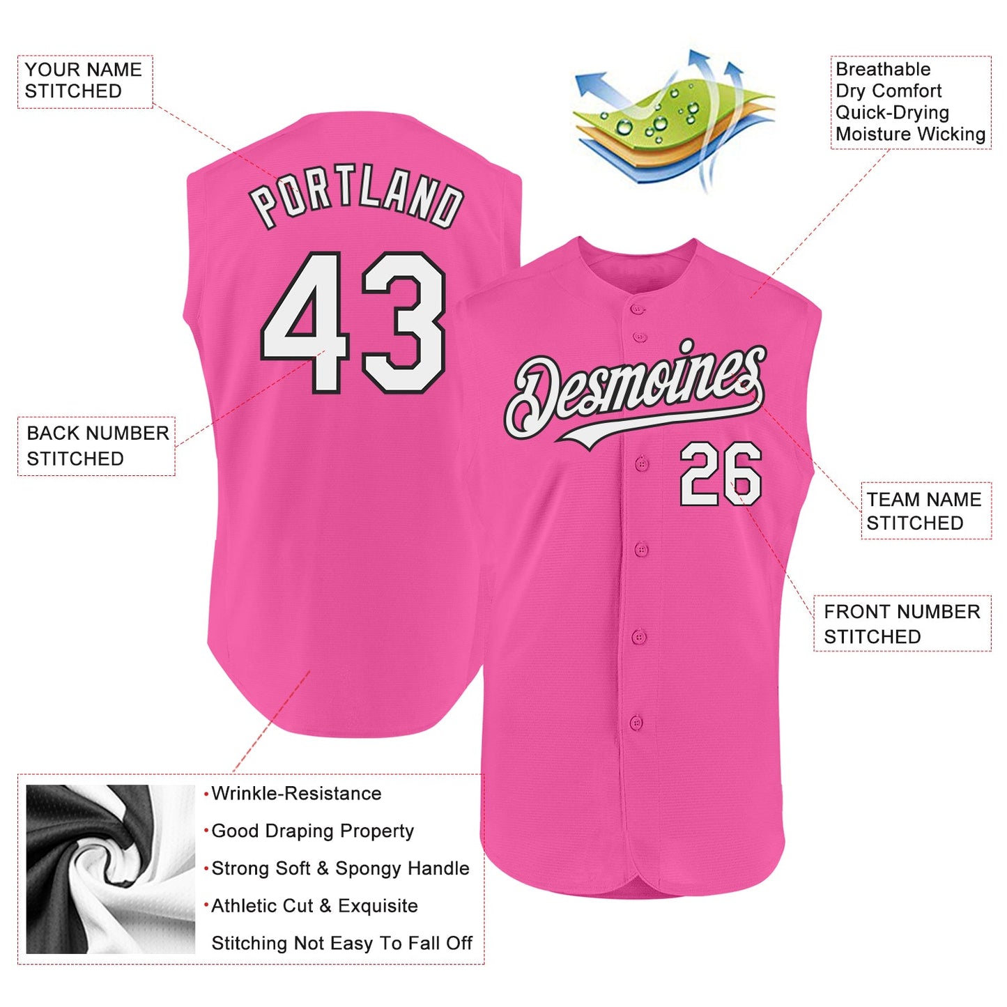 Custom Pink White-Black Authentic Sleeveless Baseball Jersey view 2