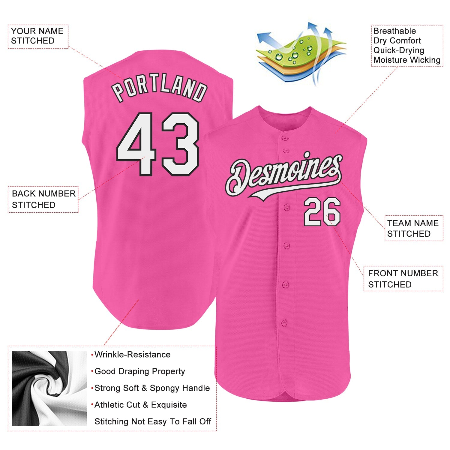 Custom Pink White-Black Authentic Sleeveless Baseball Jersey view 2