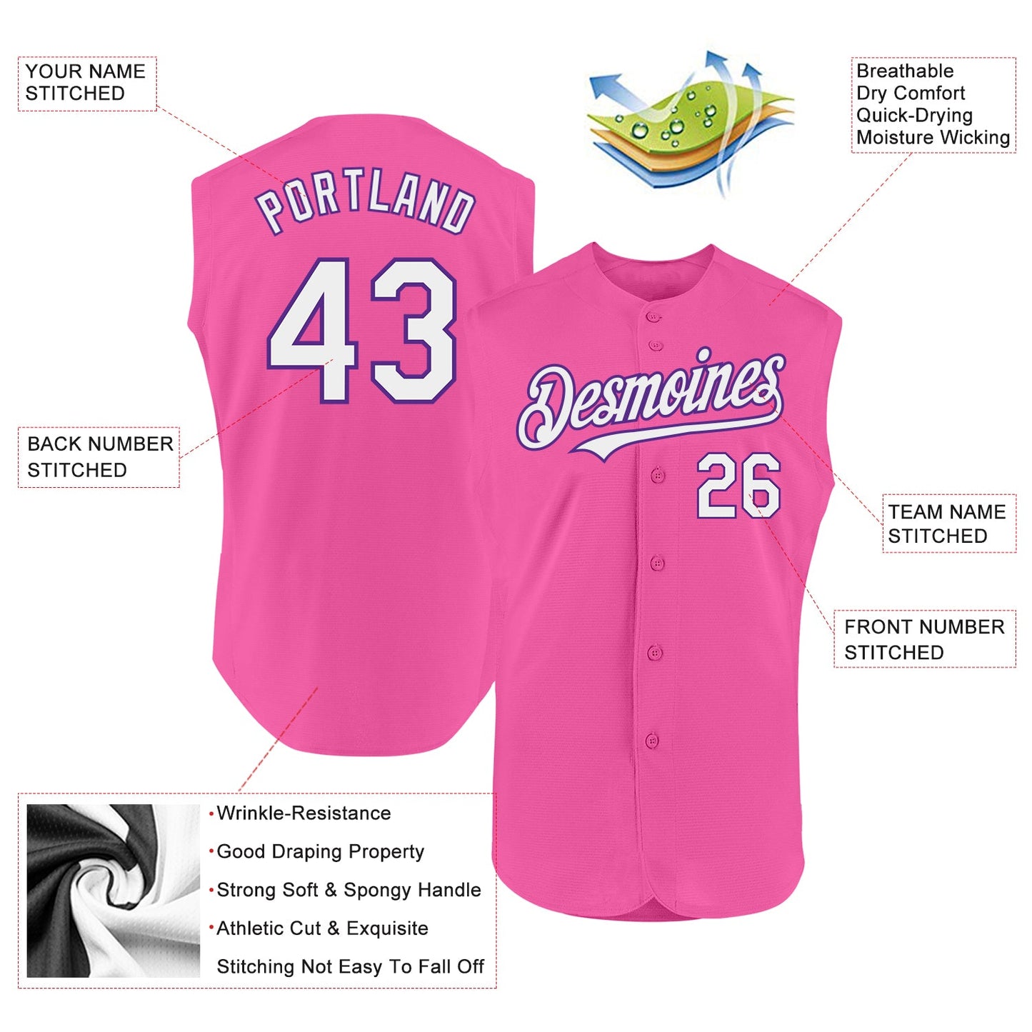 Custom Pink White-Purple Authentic Sleeveless Baseball Jersey view 2