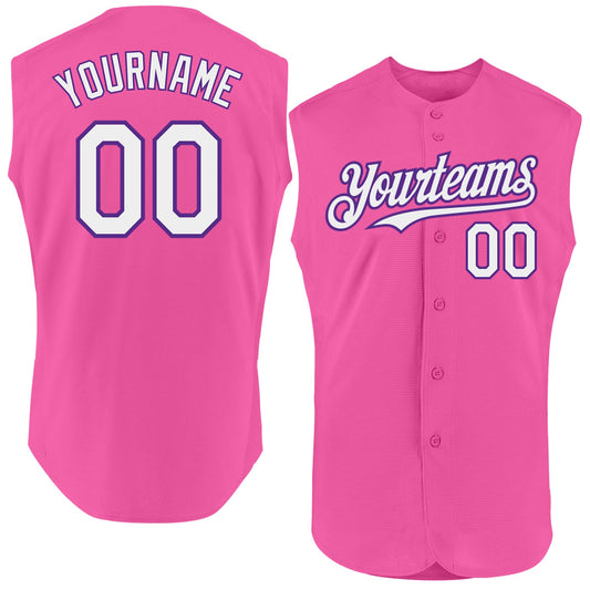 Custom Pink White-Purple Authentic Sleeveless Baseball Jersey - Main View