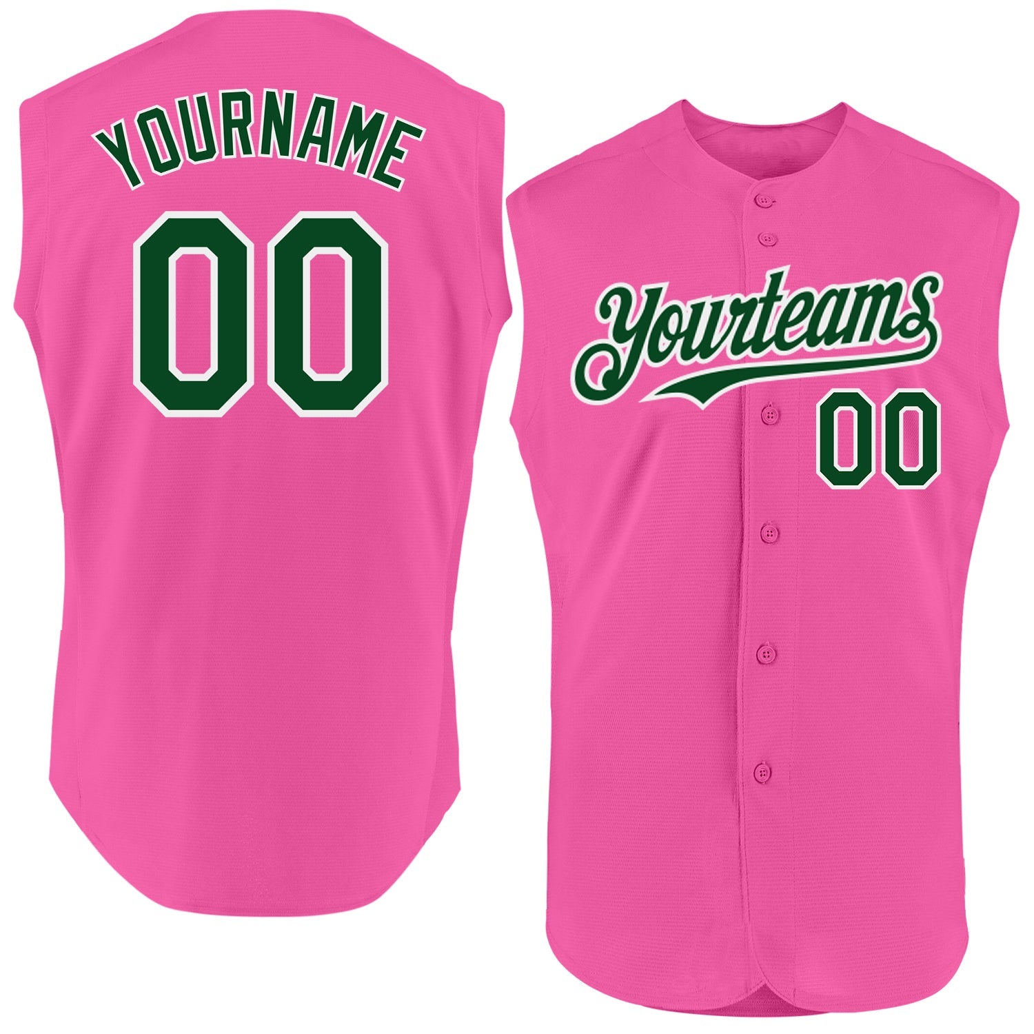 Custom Pink Green-White Authentic Sleeveless Baseball Jersey - Main View